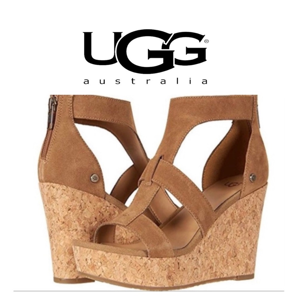 UGG Wedge Sandals Womens 8.5 Chestnut Whitney Suede Cork Platform Strappy Heel - Picture 1 of 8
